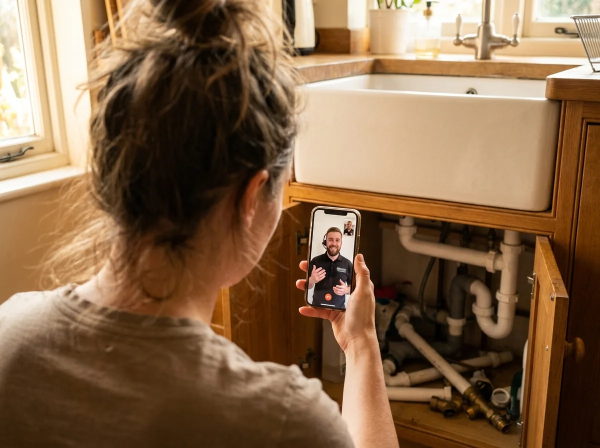 Homeowner on a live video call with a plumber