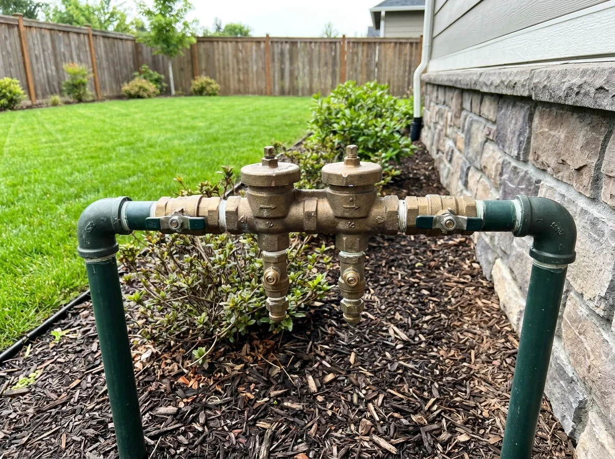 Double check valve assembly on irrigation piping beside a landscaped bed