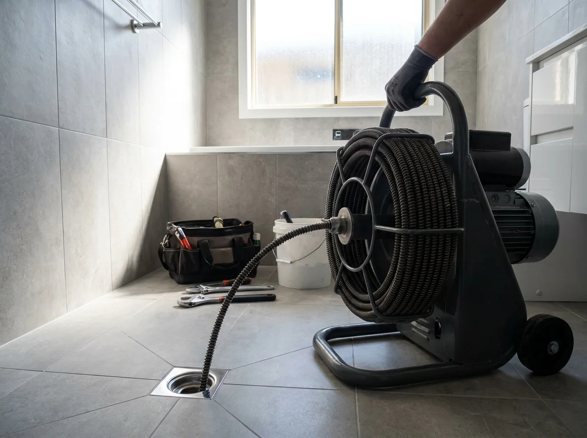 Motorized drain auger clearing a bathroom floor drain