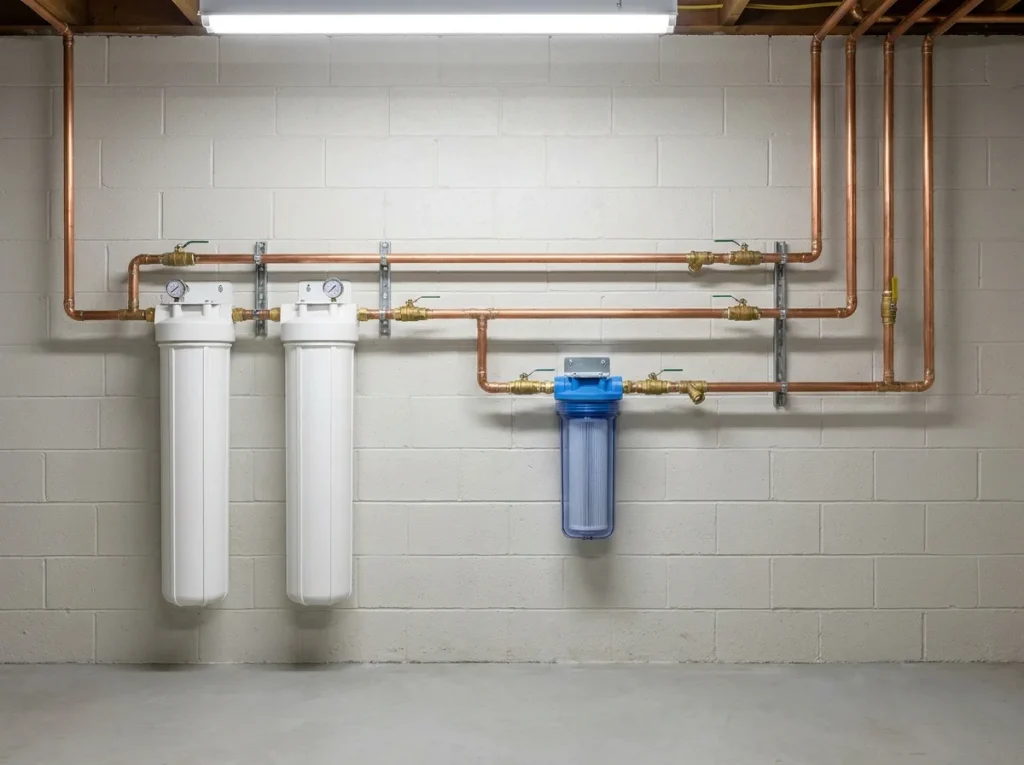 Whole-house filtration canisters plumbed in copper at a home's service entry