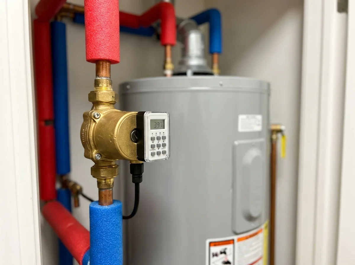 Brass hot water recirculation pump with timer installed on copper pipes