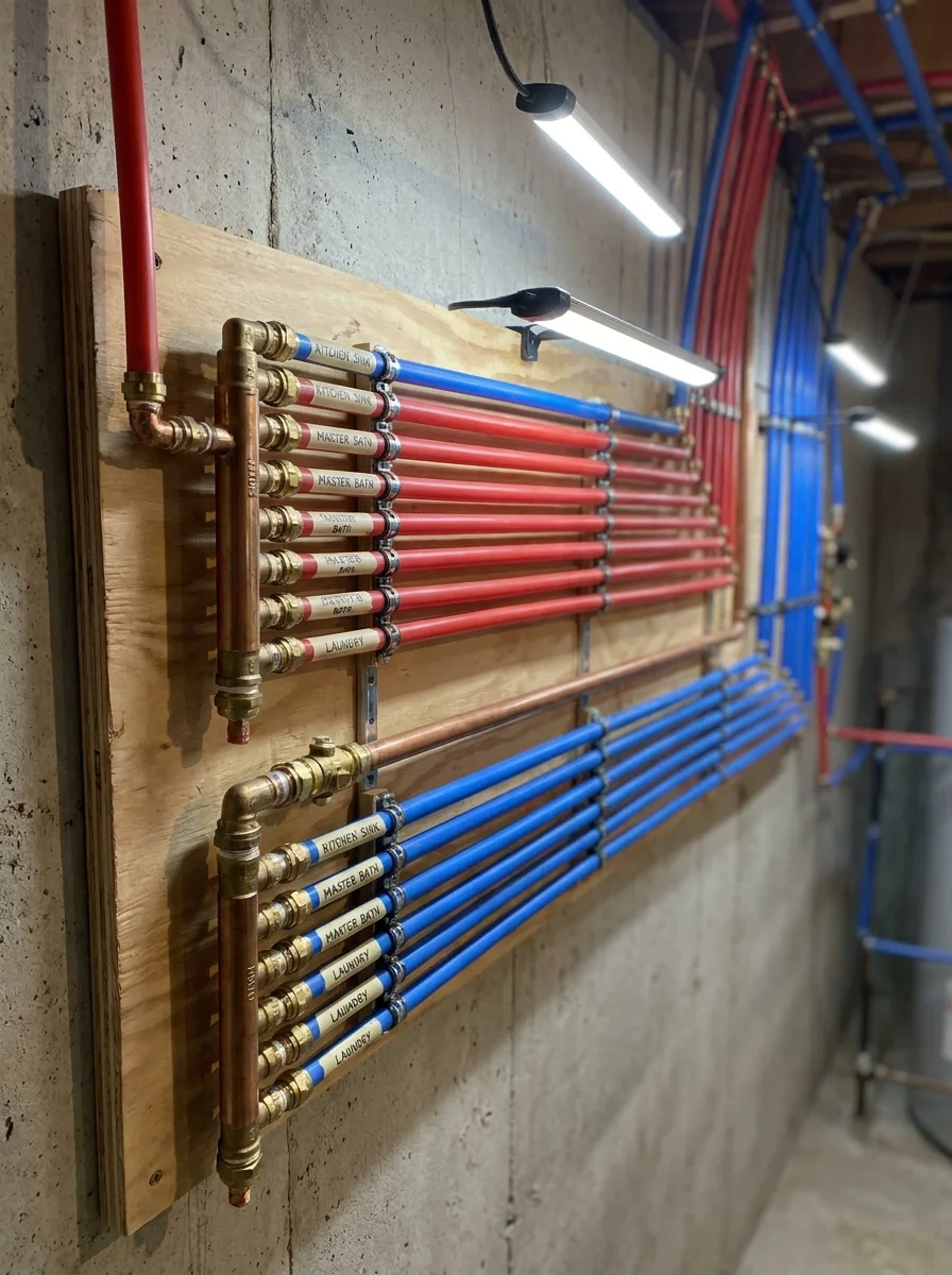 Neatly labeled PEX manifold system after a whole-house repipe