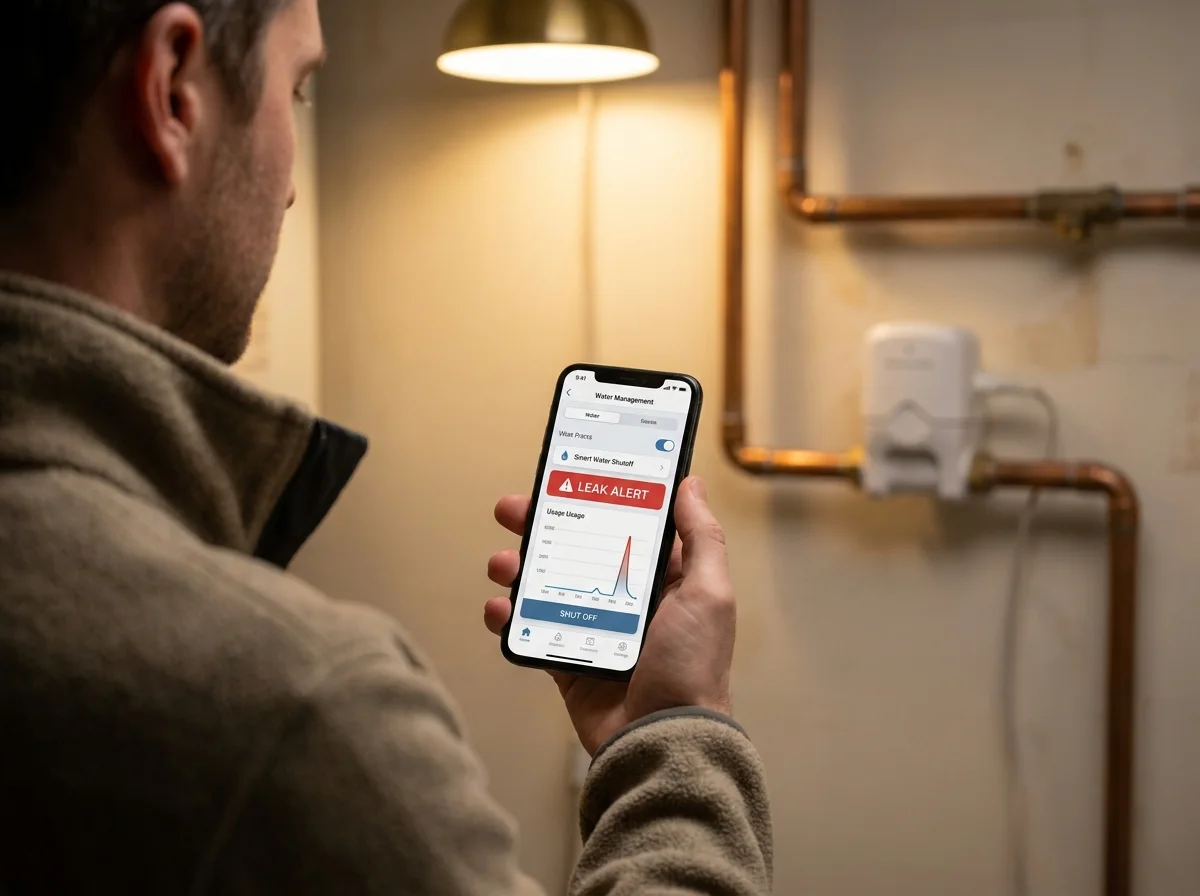 Phone app showing a leak alert with a smart shutoff valve on the pipe behind