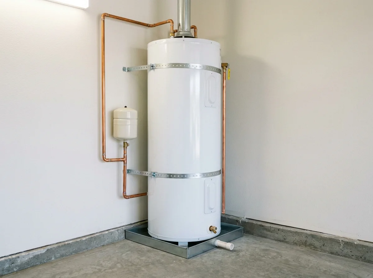 New tank water heater with expansion tank and straps