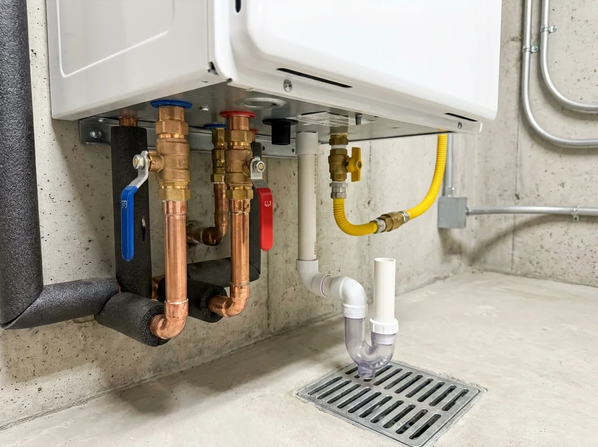 Tankless water heater isolation valves, gas line, and condensate drain