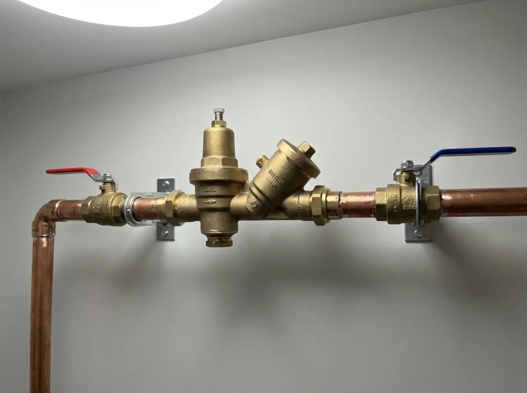 Brass pressure reducing valve and backflow assembly plumbed in copper