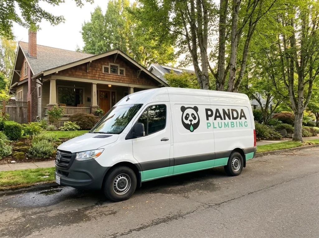 Panda Plumbing service van pulling up outside a craftsman home in Portland for a scheduled arrival slot